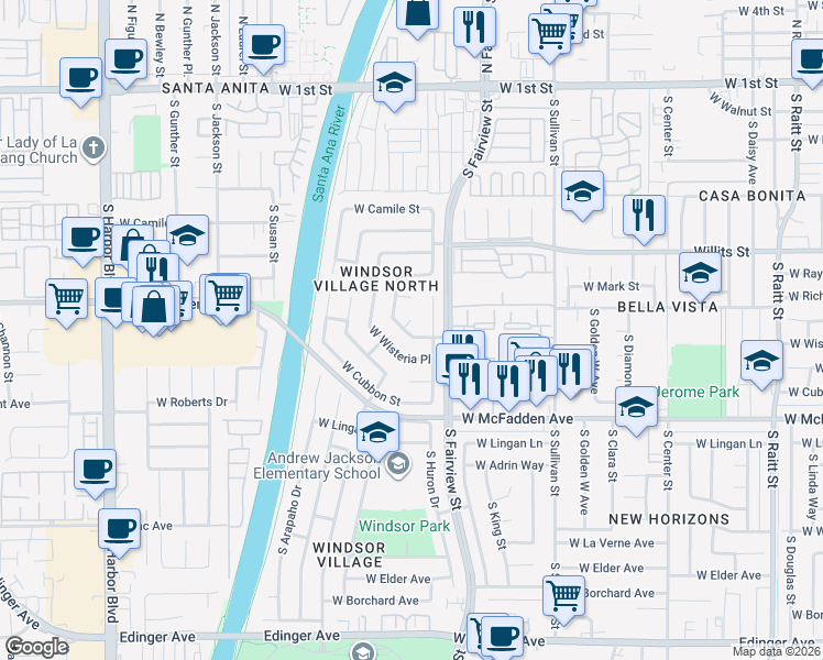 map of restaurants, bars, coffee shops, grocery stores, and more near 722 South Huron Drive in Santa Ana