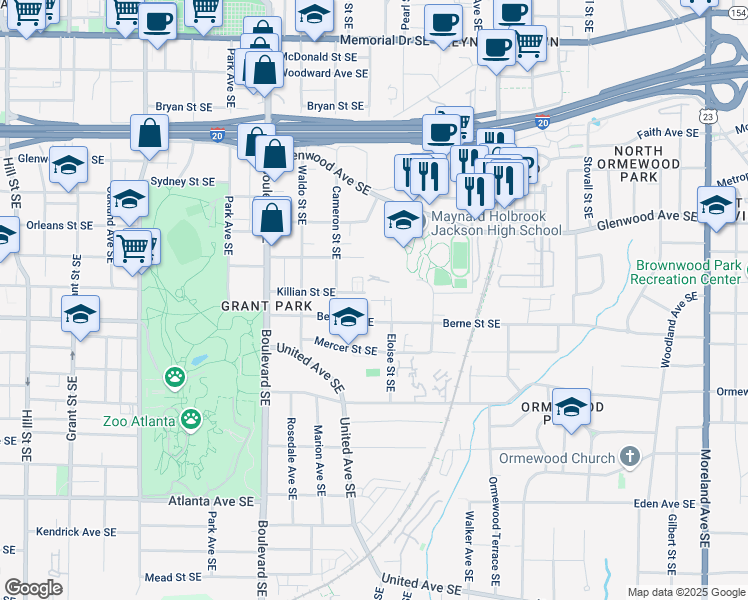 map of restaurants, bars, coffee shops, grocery stores, and more near 575 Eloise Street Southeast in Atlanta