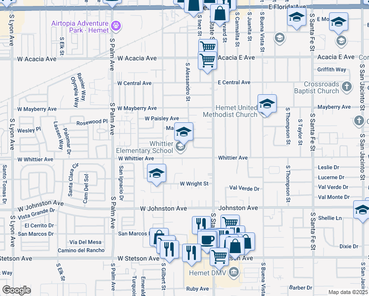 map of restaurants, bars, coffee shops, grocery stores, and more near 400 West Whittier Avenue in Hemet