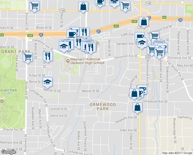 map of restaurants, bars, coffee shops, grocery stores, and more near 610 Vernon Avenue Southeast in Atlanta