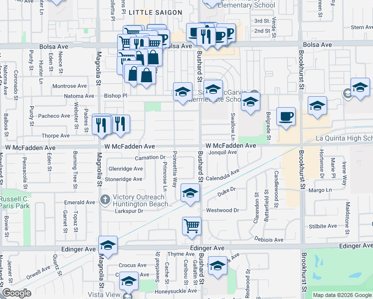 map of restaurants, bars, coffee shops, grocery stores, and more near 9442 Downing Circle in Westminster