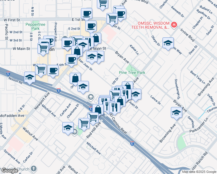 map of restaurants, bars, coffee shops, grocery stores, and more near 1341 San Juan Street in Tustin