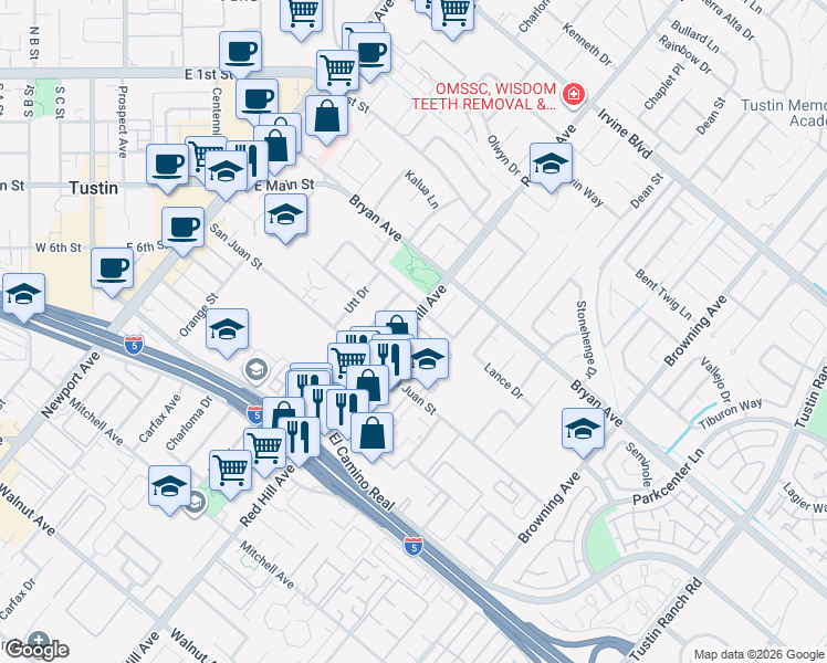 map of restaurants, bars, coffee shops, grocery stores, and more near 13652 Red Hill Avenue in Tustin