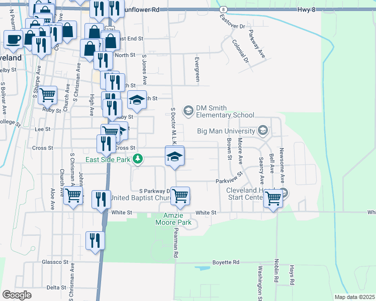map of restaurants, bars, coffee shops, grocery stores, and more near 901-997 Cross Street in Cleveland