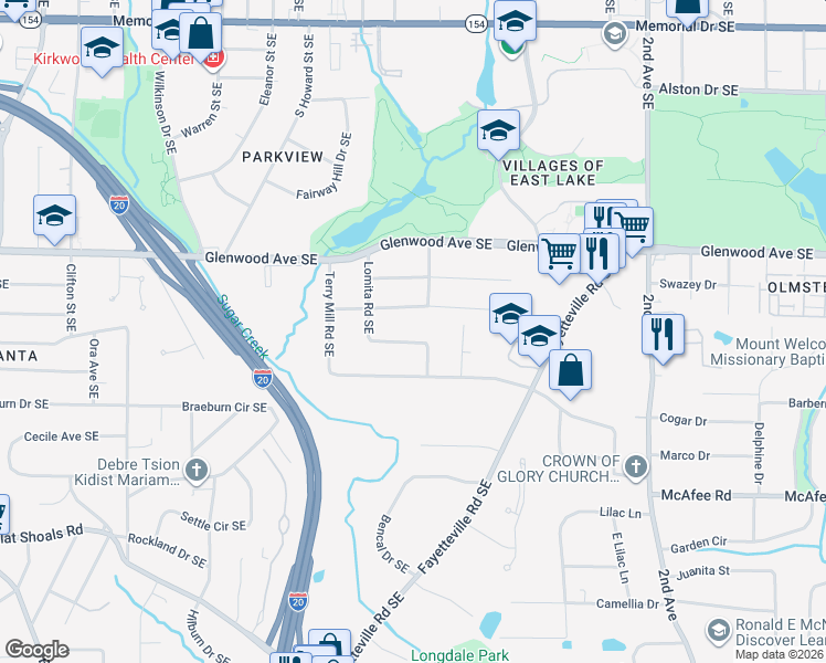 map of restaurants, bars, coffee shops, grocery stores, and more near 1731 Pennington Place Southeast in Atlanta