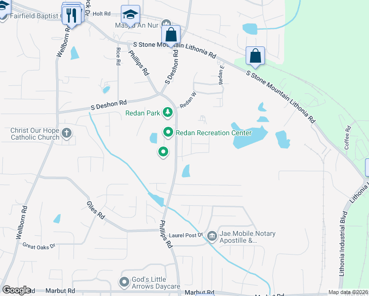 map of restaurants, bars, coffee shops, grocery stores, and more near 6392 Shalks Crossing Drive in Lithonia