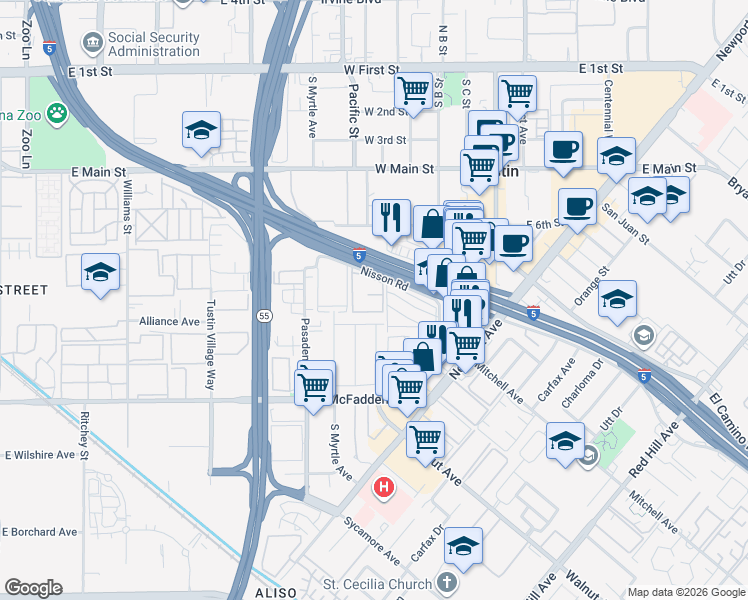 map of restaurants, bars, coffee shops, grocery stores, and more near 17222 Nisson Road in Tustin