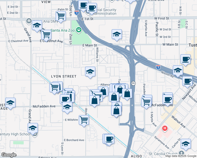 map of restaurants, bars, coffee shops, grocery stores, and more near 15500 Williams Street in Tustin