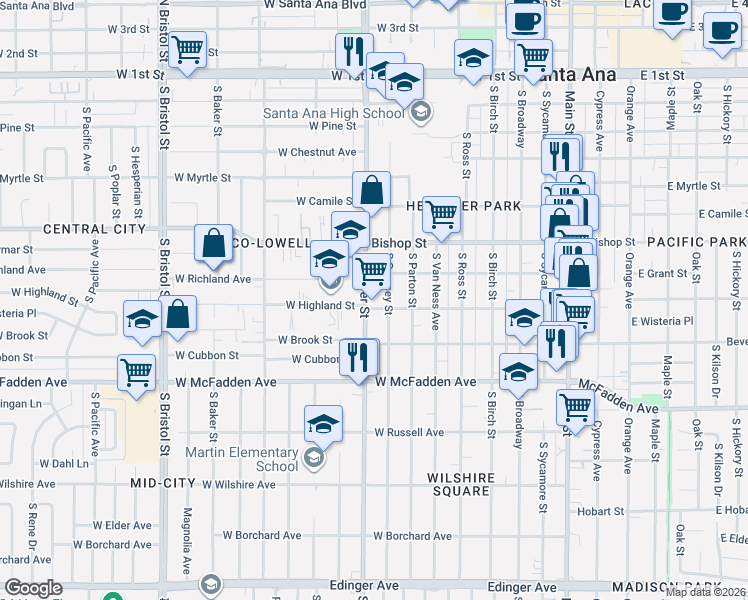 map of restaurants, bars, coffee shops, grocery stores, and more near 711 South Flower Street in Santa Ana