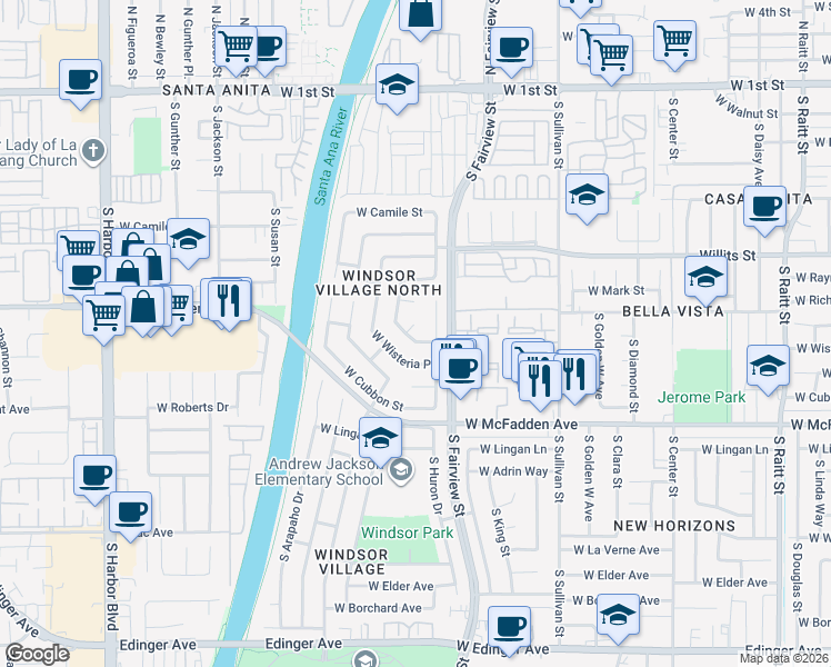 map of restaurants, bars, coffee shops, grocery stores, and more near 722 South Huron Drive in Santa Ana