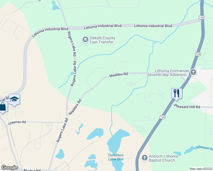 map of restaurants, bars, coffee shops, grocery stores, and more near 7117 Maddox Road in Lithonia