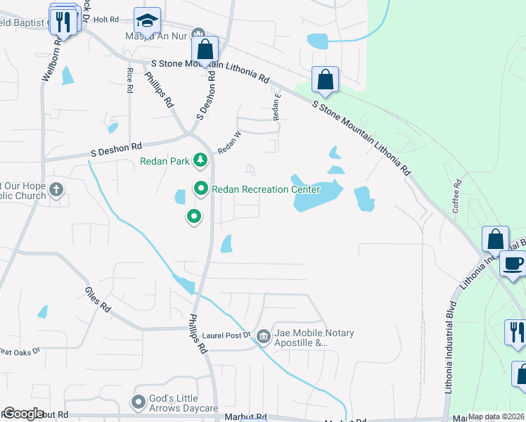 map of restaurants, bars, coffee shops, grocery stores, and more near 6372 Princeton Ridge Drive in Lithonia