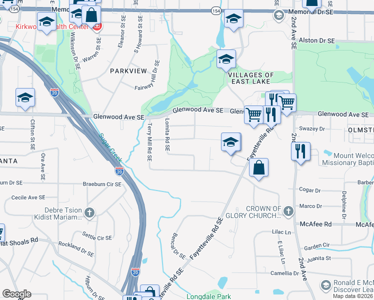 map of restaurants, bars, coffee shops, grocery stores, and more near 1731 Pennington Place Southeast in Atlanta