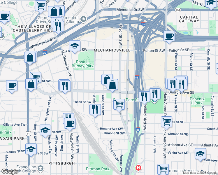 map of restaurants, bars, coffee shops, grocery stores, and more near 268 Glenn Street Southwest in Atlanta
