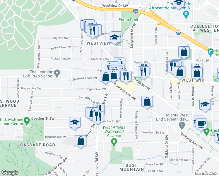 map of restaurants, bars, coffee shops, grocery stores, and more near 1459 Donnelly Avenue Southwest in Atlanta
