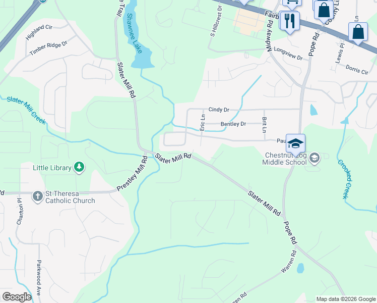 map of restaurants, bars, coffee shops, grocery stores, and more near 2539 Slater Mill Road in Douglasville