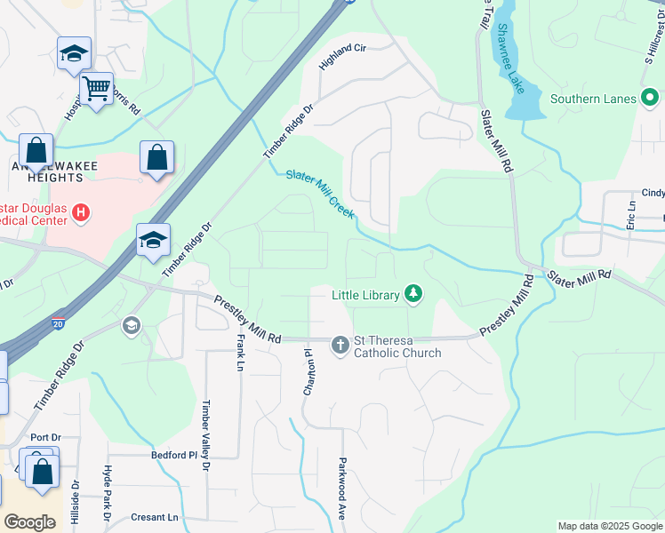 map of restaurants, bars, coffee shops, grocery stores, and more near 2322 Treaty Lane in Douglasville