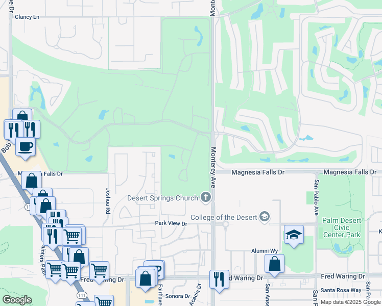 map of restaurants, bars, coffee shops, grocery stores, and more near 19 Durango Drive in Rancho Mirage