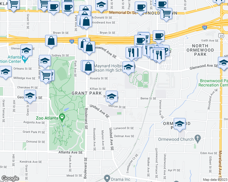 map of restaurants, bars, coffee shops, grocery stores, and more near 709 Killian Street Southeast in Atlanta