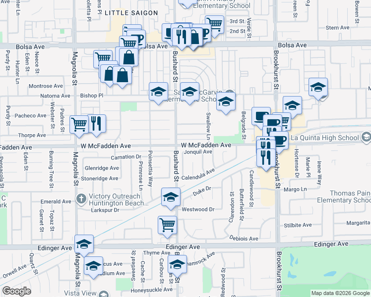 map of restaurants, bars, coffee shops, grocery stores, and more near 9521 McFadden Avenue in Westminster