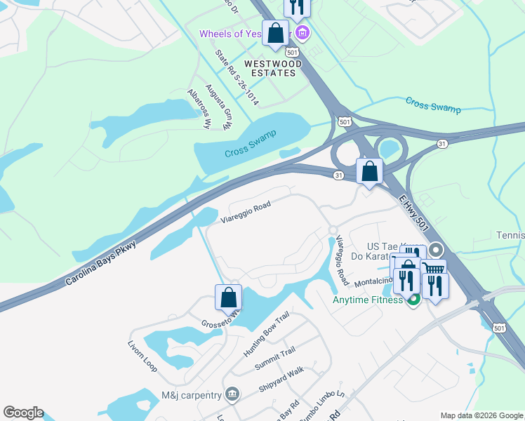 map of restaurants, bars, coffee shops, grocery stores, and more near 160 Viareggio Road in Myrtle Beach