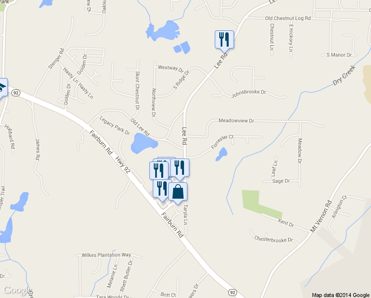 map of restaurants, bars, coffee shops, grocery stores, and more near 2506 Lee Rd in Lithia Springs