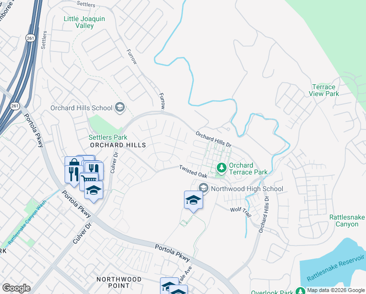 map of restaurants, bars, coffee shops, grocery stores, and more near 94 Thoroughbred in Irvine