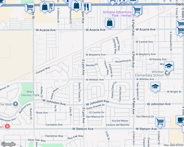 map of restaurants, bars, coffee shops, grocery stores, and more near 1561 Sandlewood Drive in Hemet
