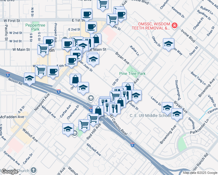 map of restaurants, bars, coffee shops, grocery stores, and more near 1370 San Juan Street in Tustin