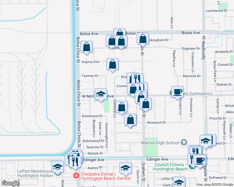 map of restaurants, bars, coffee shops, grocery stores, and more near 15442 Chemical Lane in Huntington Beach