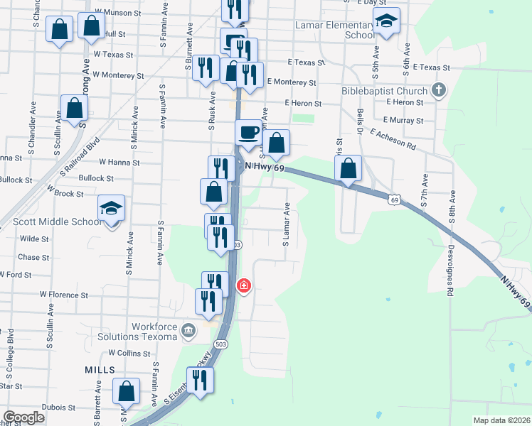 map of restaurants, bars, coffee shops, grocery stores, and more near 109 East Prospect Street in Denison