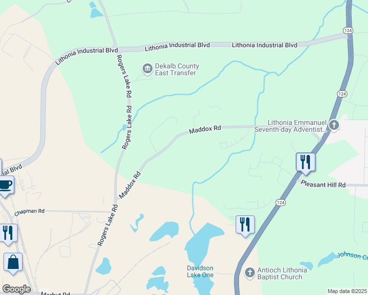 map of restaurants, bars, coffee shops, grocery stores, and more near 7117 Maddox Road in Lithonia