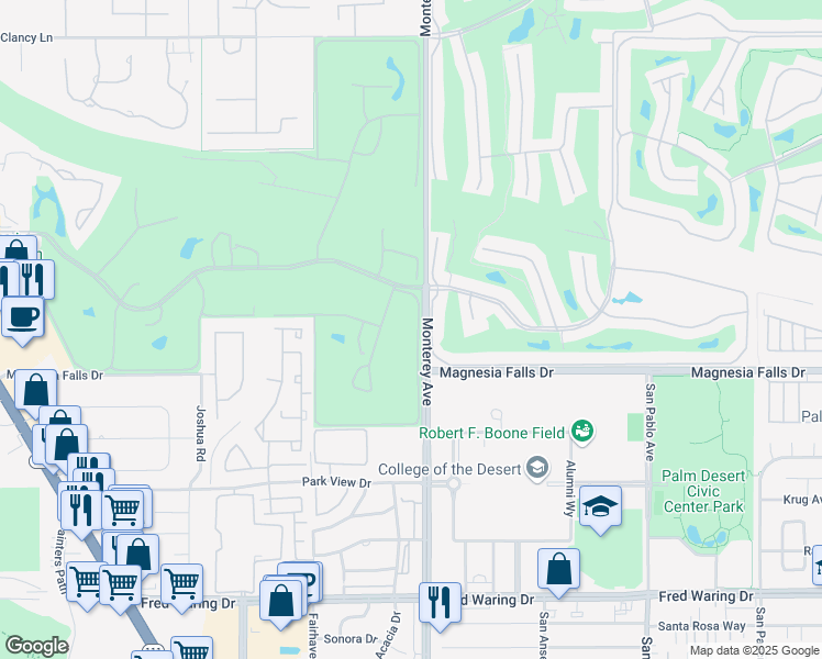 map of restaurants, bars, coffee shops, grocery stores, and more near 55 Torremolinos Drive in Rancho Mirage