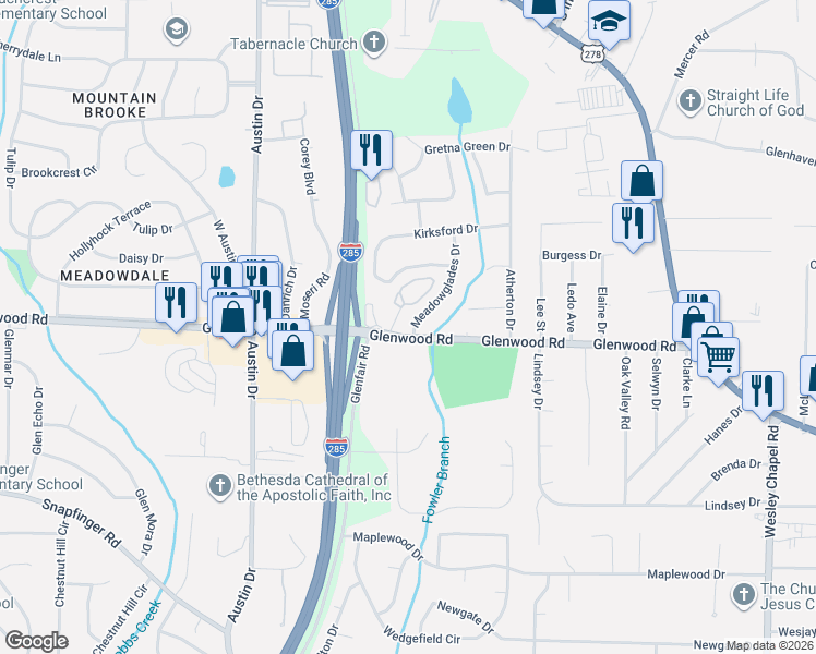map of restaurants, bars, coffee shops, grocery stores, and more near 105 Glen Acres Court in Decatur