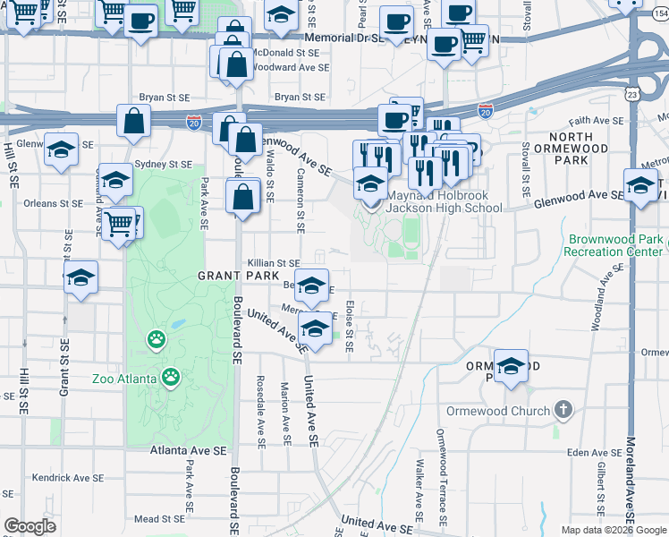 map of restaurants, bars, coffee shops, grocery stores, and more near 575 Eloise Street Southeast in Atlanta