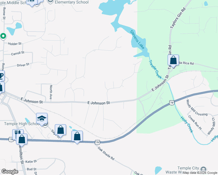 map of restaurants, bars, coffee shops, grocery stores, and more near 148 Waters Edge Parkway in Temple