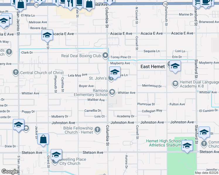 map of restaurants, bars, coffee shops, grocery stores, and more near 26460 Columbia Street in Hemet