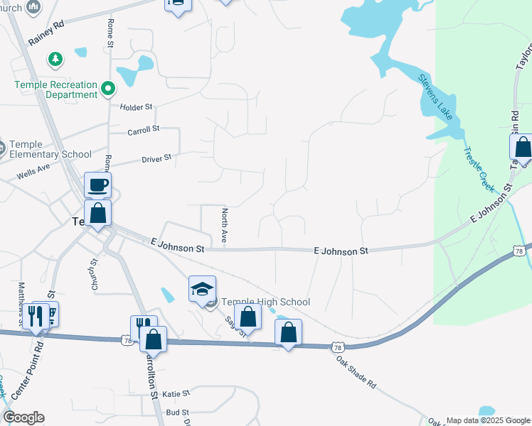 map of restaurants, bars, coffee shops, grocery stores, and more near 301 Sue Court in Temple