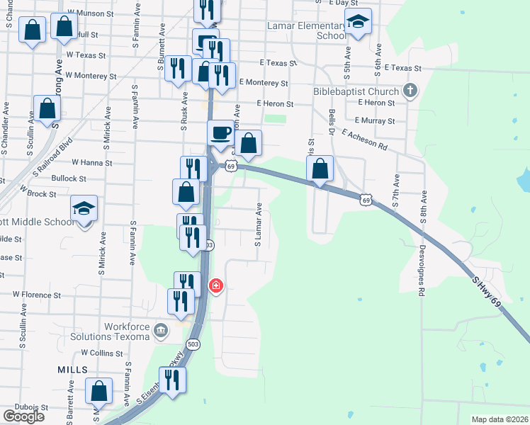 map of restaurants, bars, coffee shops, grocery stores, and more near 1720 South Lamar Avenue in Denison