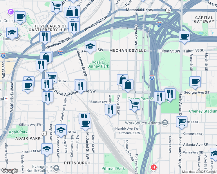 map of restaurants, bars, coffee shops, grocery stores, and more near 639 Windsor Street Southwest in Atlanta
