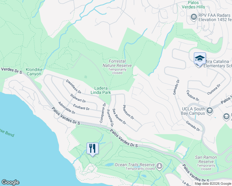 map of restaurants, bars, coffee shops, grocery stores, and more near 3839 Pirate Drive in Rancho Palos Verdes