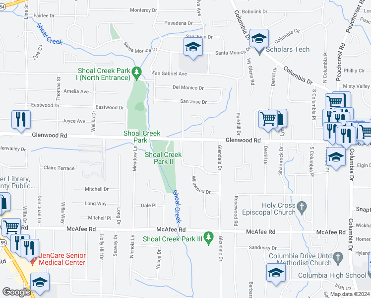 map of restaurants, bars, coffee shops, grocery stores, and more near 1840 Hillsdale Drive in Decatur