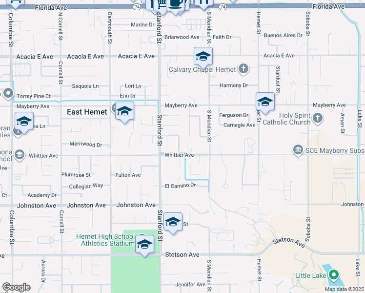 map of restaurants, bars, coffee shops, grocery stores, and more near 26458 Larkspur Street in Hemet