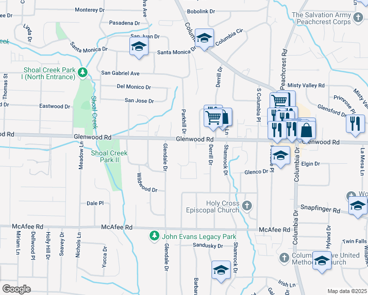 map of restaurants, bars, coffee shops, grocery stores, and more near 3815 Glenwood Road in Decatur