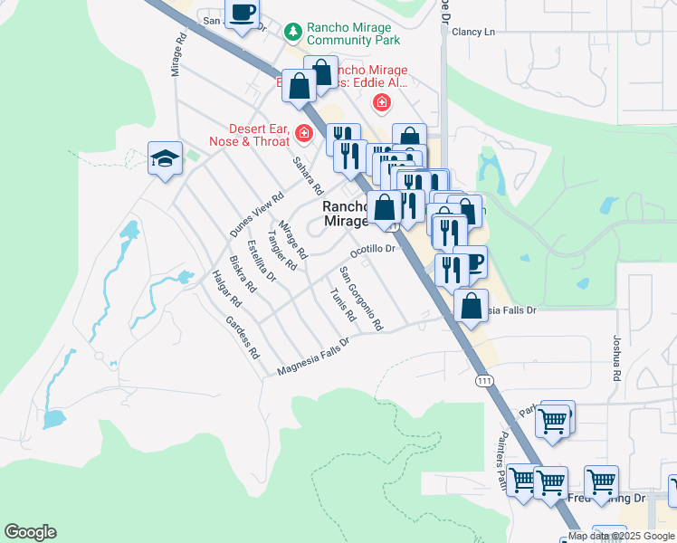 map of restaurants, bars, coffee shops, grocery stores, and more near 71729 San Gorgonio Road in Rancho Mirage