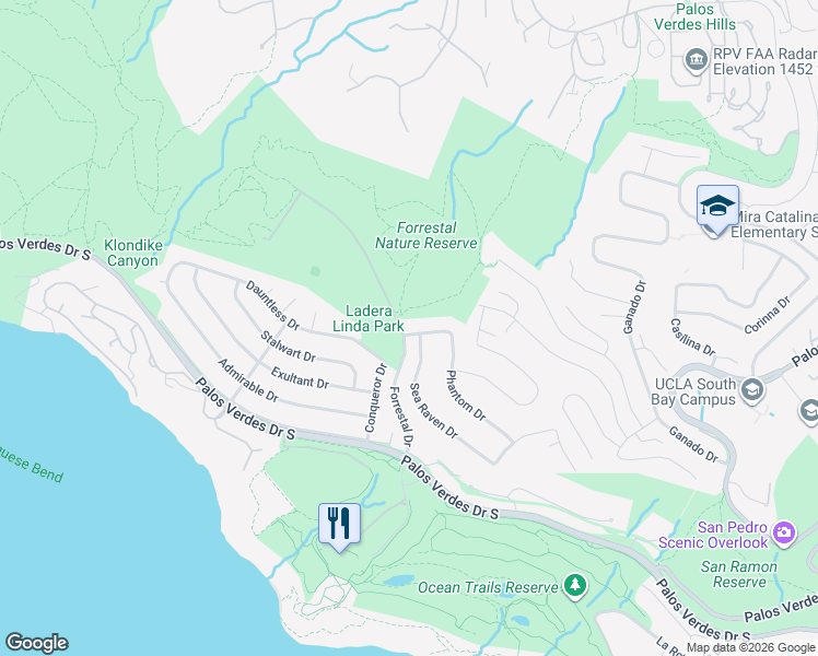 map of restaurants, bars, coffee shops, grocery stores, and more near 3855 Pirate Drive in Rancho Palos Verdes
