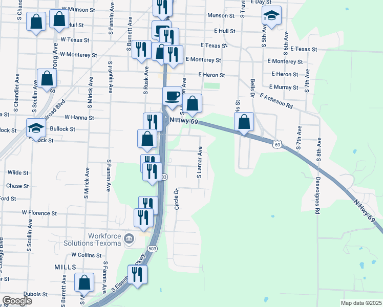map of restaurants, bars, coffee shops, grocery stores, and more near 109 East Prospect Street in Denison