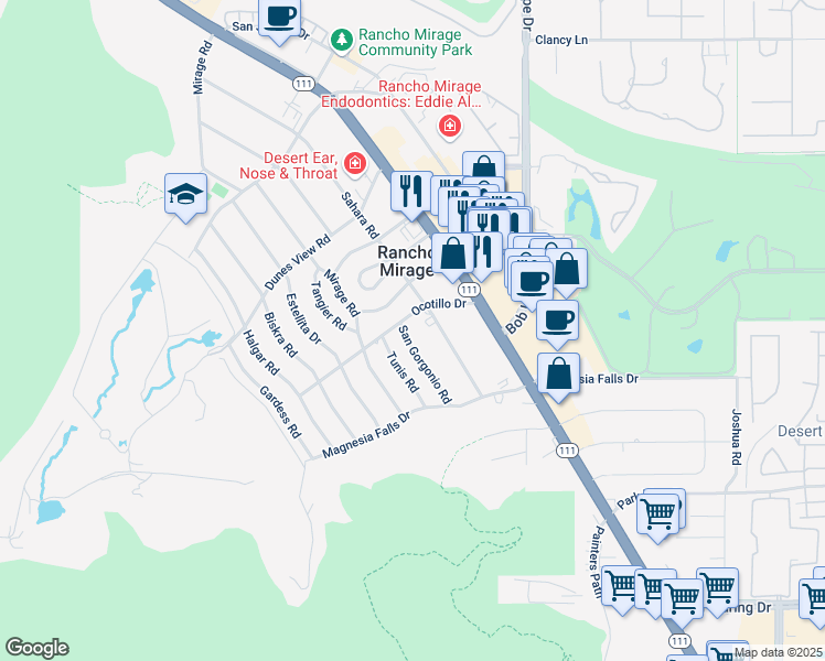 map of restaurants, bars, coffee shops, grocery stores, and more near 71781 Sahara Road in Rancho Mirage