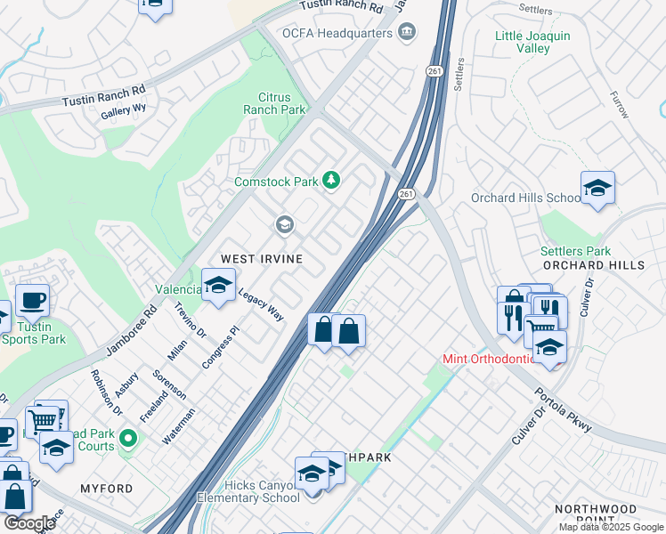 map of restaurants, bars, coffee shops, grocery stores, and more near 16 Appleglen Drive in Irvine