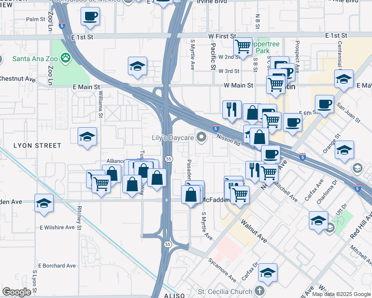 map of restaurants, bars, coffee shops, grocery stores, and more near 15552 Boleyn Circle in Tustin